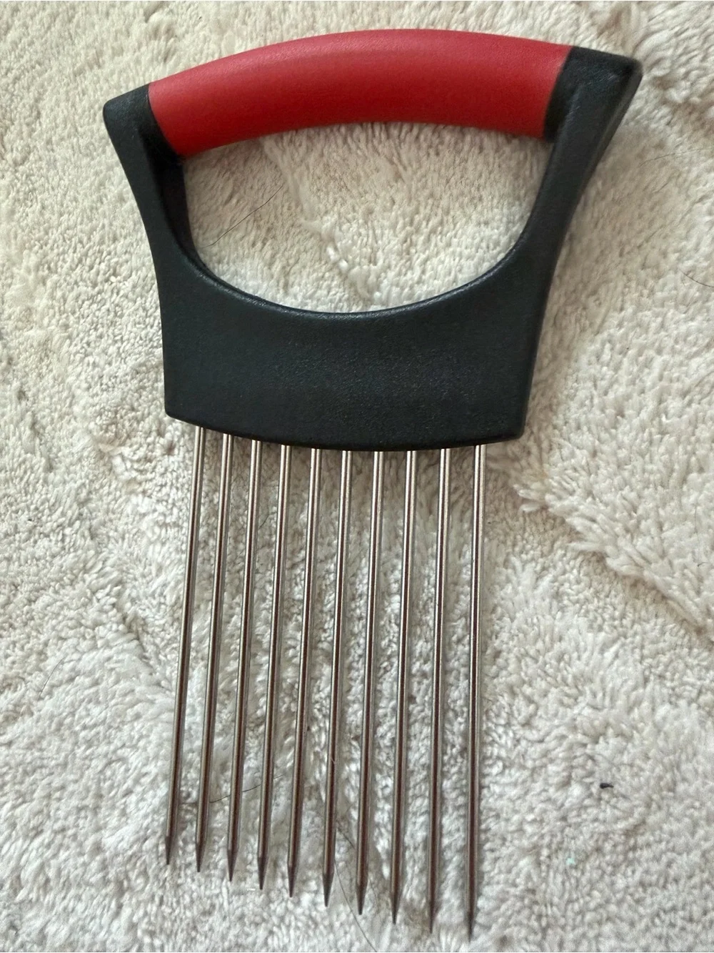 Red Handle Stainless Steel Crinkle potato Cutter & Onion Holder Set NWT
